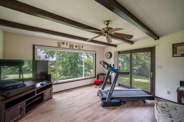 1543 S 16th Ave W, Newton, IA 50208 - exercise room with light wood-style floors, ceiling fan, and a textured ceiling