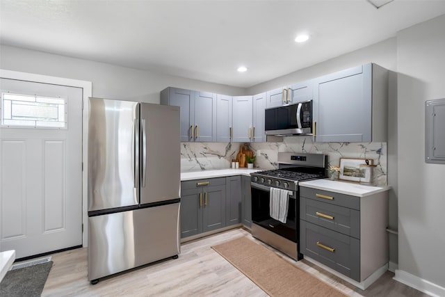 4127 E Seneca Ave, Des Moines, IA 50317 - kitchen featuring appliances with stainless steel finishes, gray cabinetry, light countertops, tasteful backsplash, and recessed lighting