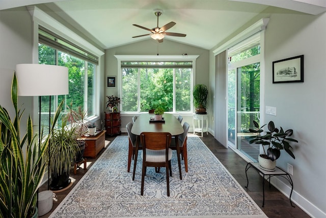 9180 Geanna Ct, West Des Moines, IA 50266 - dining room with lofted ceiling, a ceiling fan, and dark wood-type flooring