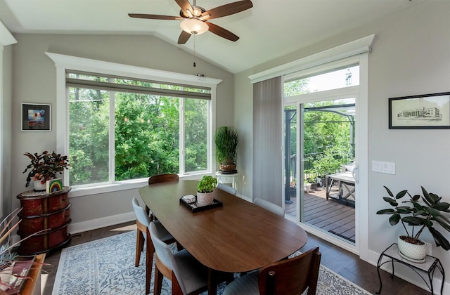 9180 Geanna Ct, West Des Moines, IA 50266 - dining space featuring lofted ceiling, a ceiling fan, and dark wood finished floors