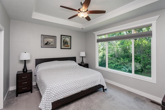 9180 Geanna Ct, West Des Moines, IA 50266 - carpeted bedroom with ceiling fan and a tray ceiling