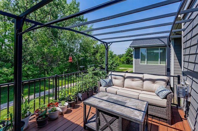9180 Geanna Ct, West Des Moines, IA 50266 - wooden deck with an outdoor hangout area and a pergola
