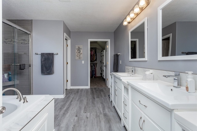 6511 NW 93rd St, Johnston, IA 50131 - bathroom with double vanity, a shower stall, a spacious closet, and wood finished floors