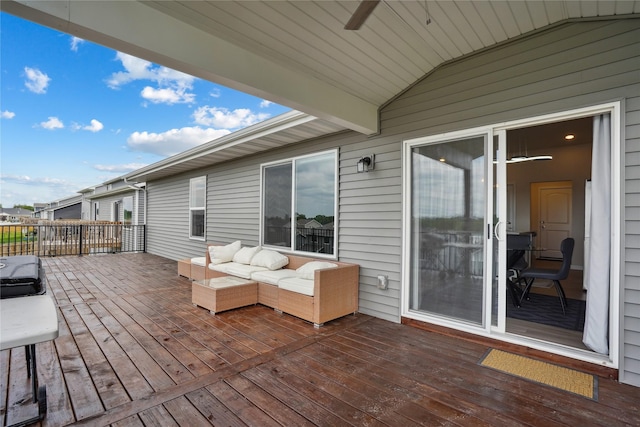 2814 Long Ave, Van Meter, IA 50261 - wooden deck with an outdoor hangout area and a ceiling fan