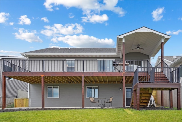 2814 Long Ave, Van Meter, IA 50261 - rear view of property featuring ceiling fan, a deck, a lawn, stairway, and a shingled roof