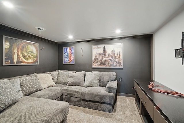 1519 E 30th St, Des Moines, IA 50317 - living area featuring carpet flooring, ornamental molding, and recessed lighting