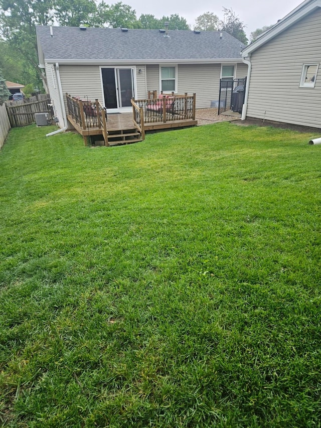 113 E 36th St, Des Moines, IA 50317 - back of house featuring a fenced backyard, a deck, and roof with shingles