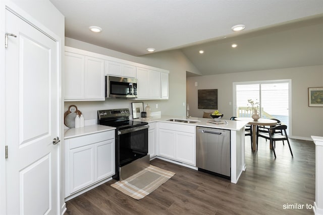 725 Linden St, Carlisle, IA 50047 - kitchen featuring appliances with stainless steel finishes, lofted ceiling, a peninsula, white cabinetry, and light countertops