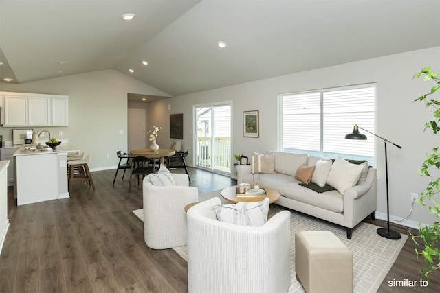 735 Linden St, Carlisle, IA 50047 - living room featuring vaulted ceiling, dark wood-type flooring, and recessed lighting