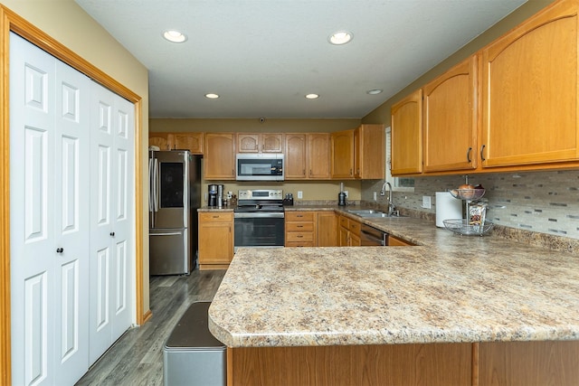 1205 Lancaster Way, Indianola, IA 50125 - kitchen with appliances with stainless steel finishes, dark wood finished floors, recessed lighting, a peninsula, and light stone countertops