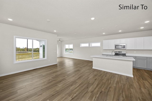 16732 Walnut Meadows Cir, Urbandale, IA 50323 - kitchen with appliances with stainless steel finishes, open floor plan, dark wood-type flooring, light countertops, and recessed lighting