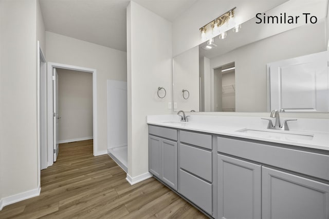 16738 Walnut Meadows Cir, Urbandale, IA 50323 - bathroom featuring wood finished floors, double vanity, and a spacious closet