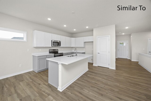 16738 Walnut Meadows Cir, Urbandale, IA 50323 - kitchen with stainless steel appliances, recessed lighting, light wood-style flooring, a kitchen island with sink, and light countertops