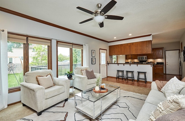 2216 NW 136th St, Clive, IA 50325 - living area featuring a ceiling fan, ornamental molding, and recessed lighting