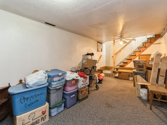 312 N J St, Indianola, IA 50125 - finished below grade area featuring stairs, carpet floors, and a textured ceiling