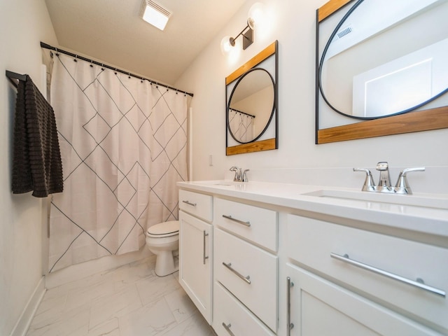 2502 Blooming Heights Dr, Norwalk, IA 50211 - bathroom featuring marble finish floors, double vanity, and curtained shower