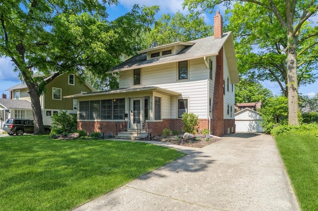620 48th St, Des Moines, IA 50312 - american foursquare style home featuring a chimney, brick siding, an outdoor structure, and a front yard