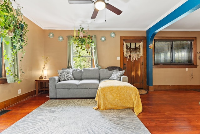 2355 Saylor Rd, Des Moines, IA 50313 - living room with wood finished floors, a ceiling fan, and crown molding