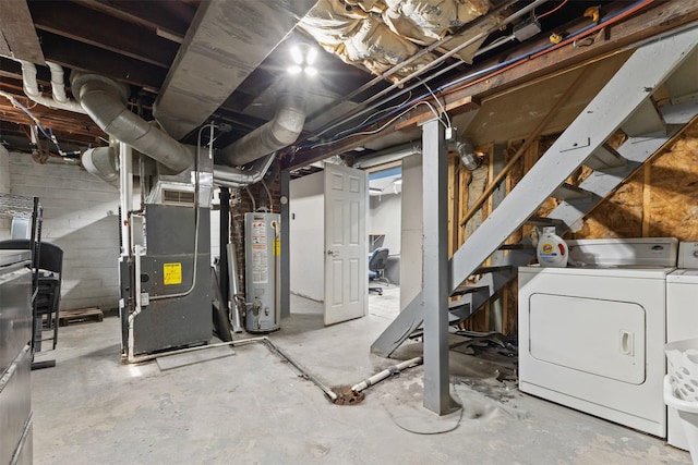 2355 Saylor Rd, Des Moines, IA 50313 - unfinished basement with water heater, washing machine and dryer, heating unit, and stairway
