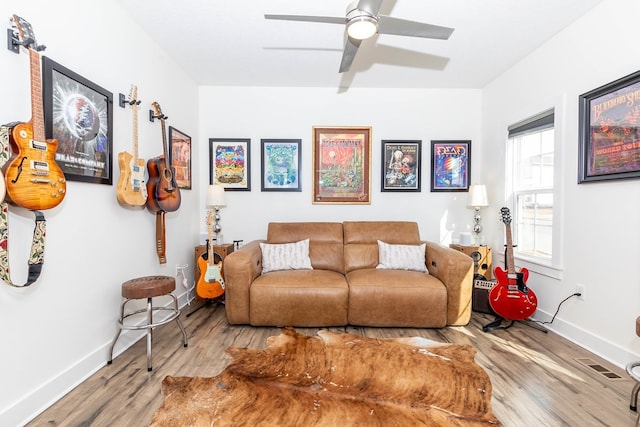 5477 S Prairie View Dr, West Des Moines, IA 50266 - living room featuring wood finished floors and ceiling fan