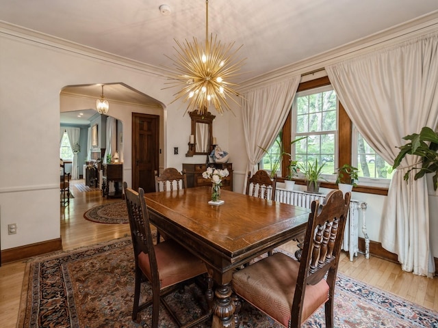 215 Foster Dr, Des Moines, IA 50312 - dining space featuring arched walkways, crown molding, light wood-type flooring, and healthy amount of natural light