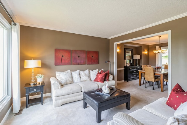 281 58th Ct, West Des Moines, IA 50266 - living area featuring light colored carpet, a chandelier, and ornamental molding