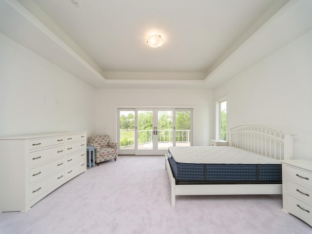 1863 Glen Oaks Dr, West Des Moines, IA 50266 - bedroom with light carpet, french doors, a raised ceiling, and access to outside