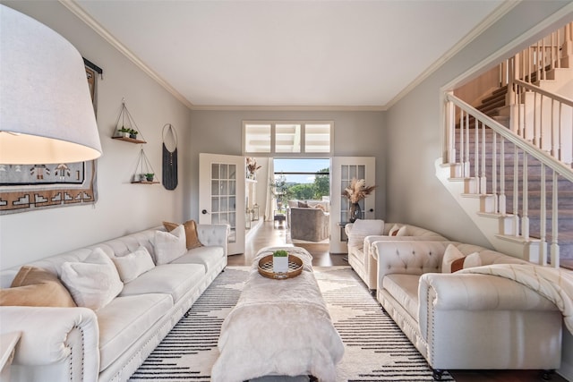 1720 Cedarwood Cir, Clive, IA 50325 - living area featuring stairs, ornamental molding, and french doors