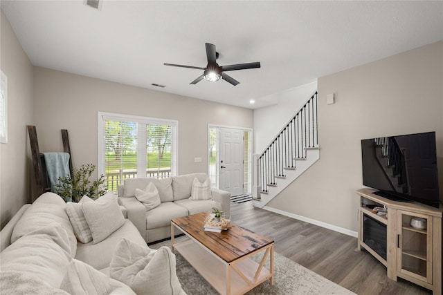 1117 S 52nd St Unit 1705, West Des Moines, IA 50265 - living room featuring stairway, wood finished floors, a ceiling fan, and recessed lighting