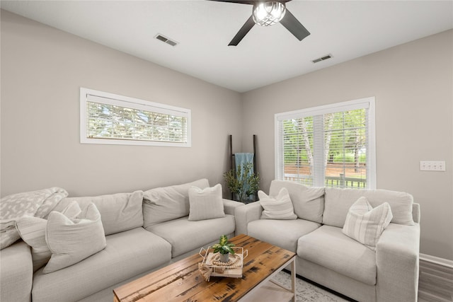 1117 S 52nd St Unit 1705, West Des Moines, IA 50265 - living room with plenty of natural light, a ceiling fan, and wood finished floors