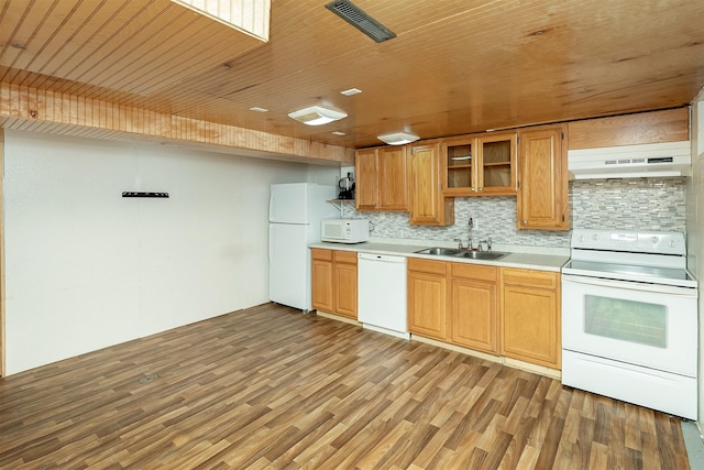 3719 SE 20th St, Des Moines, IA 50320 - kitchen with white appliances, ventilation hood, light countertops, decorative backsplash, and wood ceiling
