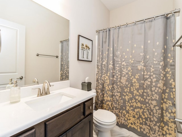 2206 SW Westwood St, Ankeny, IA 50023 - full bath featuring vanity, marble look tiles, and a shower with shower curtain