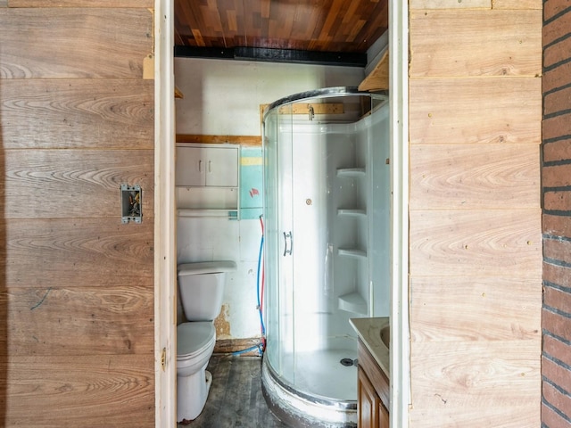 1657 Walker St, Des Moines, IA 50316 - full bath featuring wooden ceiling, a shower stall, and vanity