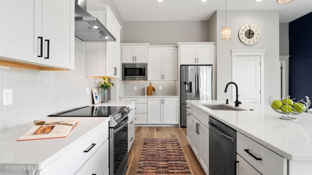780 NE Badger Ln, Waukee, IA 50263 - kitchen featuring stainless steel appliances, wall chimney exhaust hood, light wood finished floors, white cabinetry, and tasteful backsplash