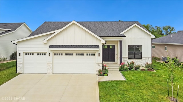 780 NE Badger Ln, Waukee, IA 50263 - modern farmhouse style home featuring board and batten siding, stone siding, a garage, and a shingled roof