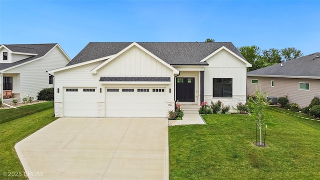 780 NE Badger Ln, Waukee, IA 50263 - modern inspired farmhouse featuring board and batten siding, roof with shingles, an attached garage, stone siding, and concrete driveway