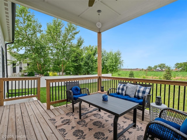 780 NE Badger Ln, Waukee, IA 50263 - deck featuring an outdoor living space, a ceiling fan, and a yard