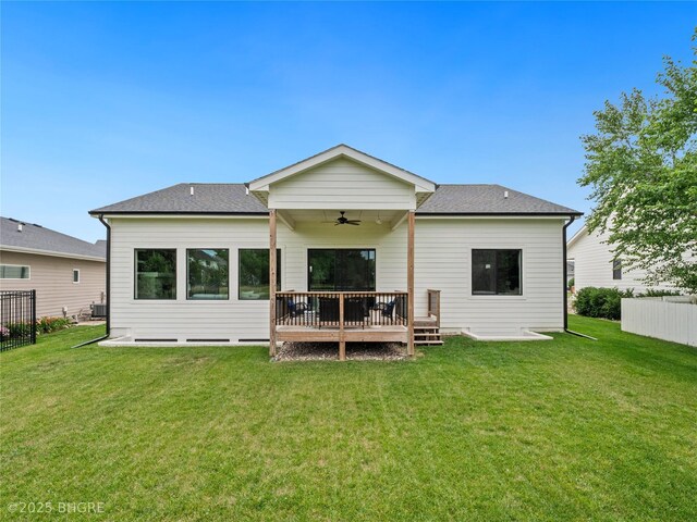 780 NE Badger Ln, Waukee, IA 50263 - rear view of house featuring a ceiling fan, a shingled roof, and a deck