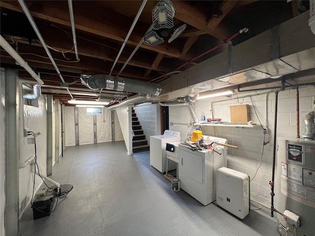 2712 49th St, Des Moines, IA 50310 - unfinished below grade area featuring washer and clothes dryer, gas water heater, and stairway