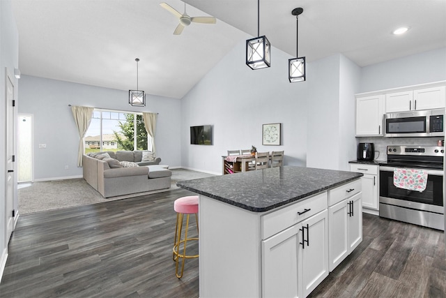 481 10th St, Waukee, IA 50263 - kitchen with appliances with stainless steel finishes, a ceiling fan, high vaulted ceiling, open floor plan, and dark wood-type flooring