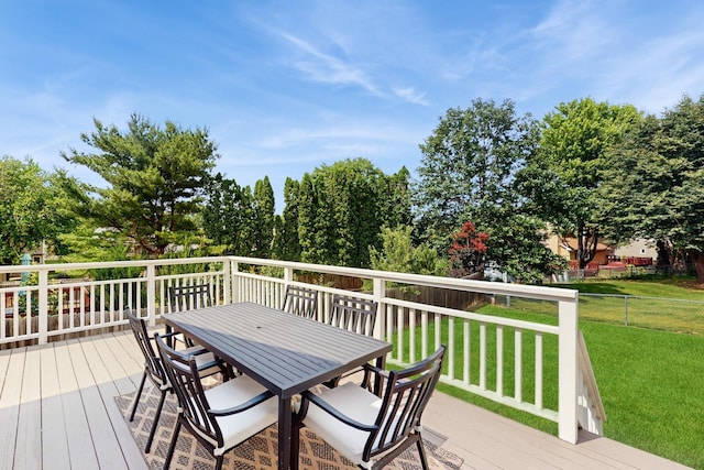 4855 Coachlight Dr, West Des Moines, IA 50265 - wooden terrace featuring outdoor dining space and a lawn