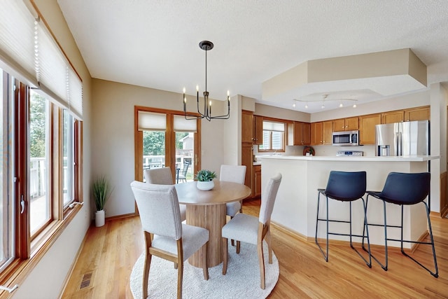 4855 Coachlight Dr, West Des Moines, IA 50265 - dining space with healthy amount of natural light, light wood-style flooring, a chandelier, and a textured ceiling