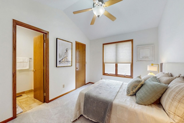 4855 Coachlight Dr, West Des Moines, IA 50265 - bedroom with light colored carpet, vaulted ceiling, and a ceiling fan