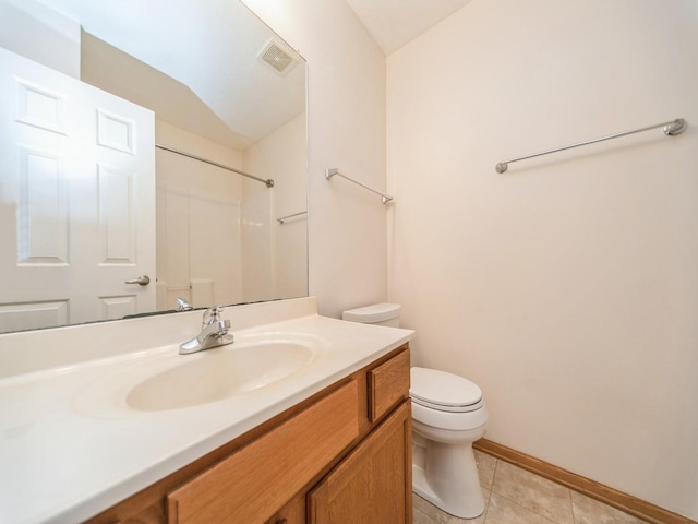 1155 NE 7th Ln, Ankeny, IA 50021 - full bathroom with vanity, a shower, tile patterned flooring, and vaulted ceiling