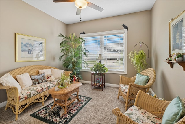 800 NE Badger Ln, Waukee, IA 50263 - carpeted living area featuring ceiling fan and baseboards