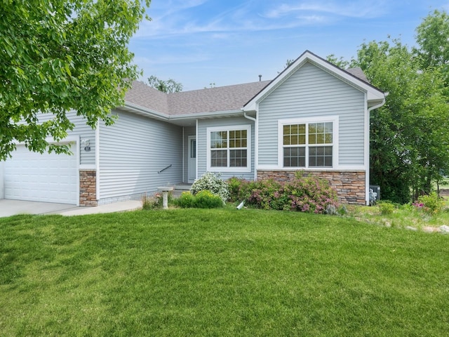 2227 4th Ave SE, Altoona, IA 50009 - ranch-style home with an attached garage, a front yard, stone siding, and a shingled roof