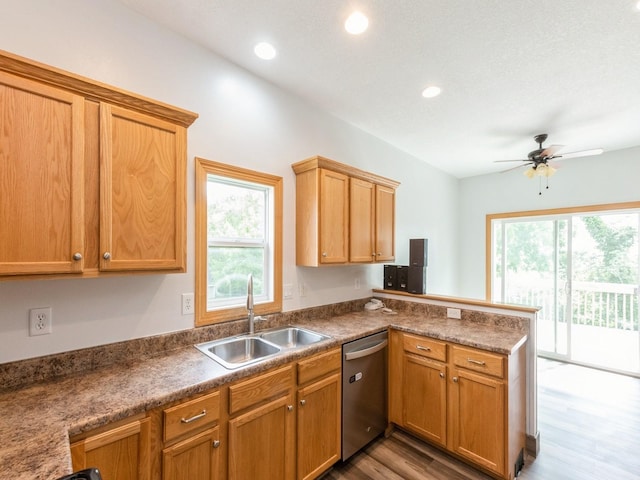 2227 4th Ave SE, Altoona, IA 50009 - kitchen featuring stainless steel dishwasher, a peninsula, wood finished floors, a ceiling fan, and recessed lighting