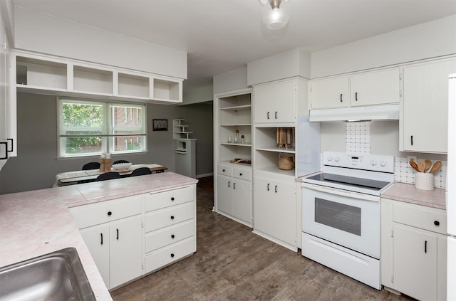 715 Maple St, Waukee, IA 50263 - kitchen with white electric stove, under cabinet range hood, light countertops, white cabinetry, and dark wood finished floors