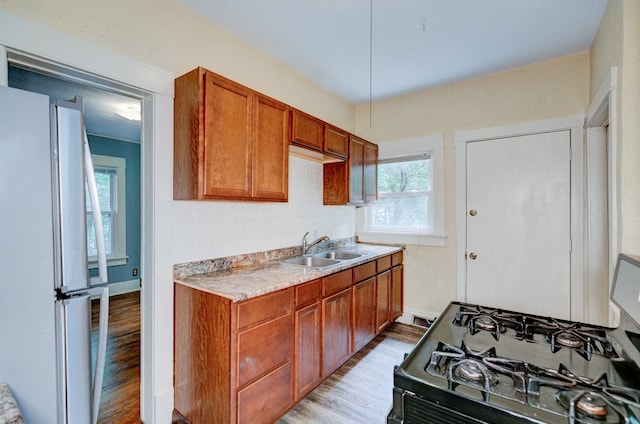 2736 College Ave, Des Moines, IA 50311 - kitchen with freestanding refrigerator, gas stove, light wood-type flooring, light countertops, and tasteful backsplash