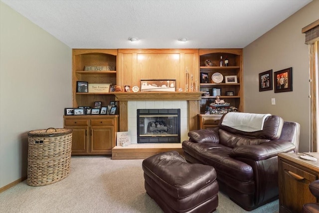 1305 NW Wagner Blvd, Ankeny, IA 50023 - carpeted living area featuring a fireplace, built in shelves, and a textured ceiling